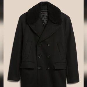 Banana Republic Men’s Italian Melton Peacoat with Shearling Collar | Black | S